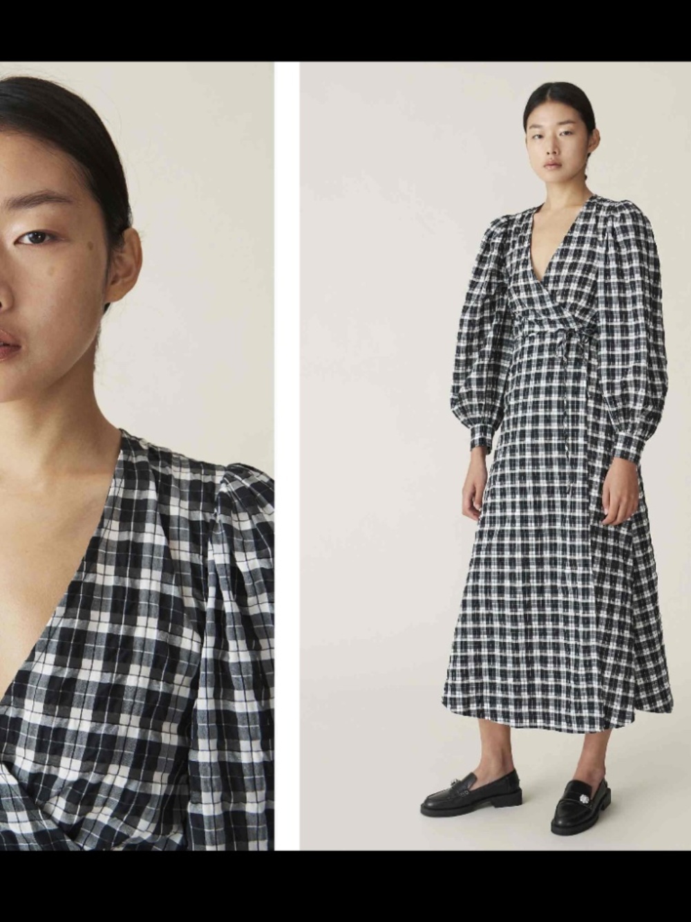 GANNI Black White Check Seersucker Wrap Midi Dress EU 40 US 8